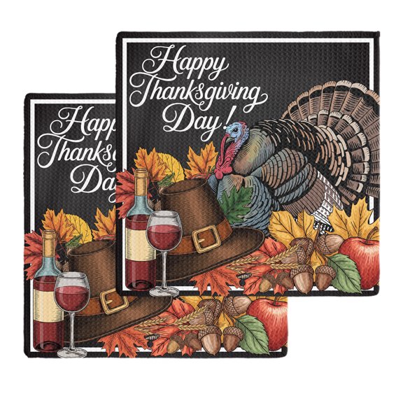 Kitchen Towels Set of 2 Thanksgiving Cartoon Turkey Pumpkin Dish Towel,12x12in Microfiber Absorbent Hand Towels Autumn Leaves Cap Waffle Weave Quick Drying Tea Towel Cleaning Cloths