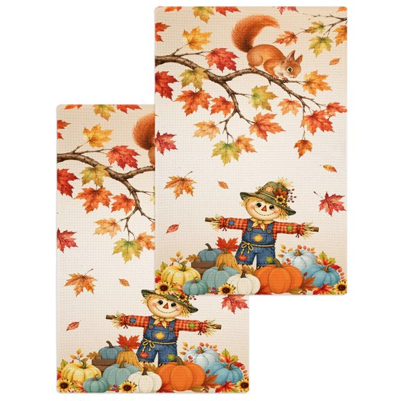 Kitchen Towels Set of 2 Thanksgiving Pumpkin Cartoon Man Dish Towel,15.7x23.6in Microfiber Absorbent Hand Towels Fall Maple Leaf Orange Gradient Waffle Weave Quick Drying Tea Towel Cleaning Cloths