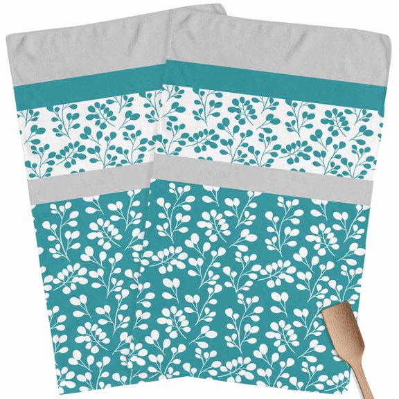 Kitchen Towels Set of 2 Turquoise Grey Leaves Dish Towels and Dishcloths Sets Tea Towel Stitching Stripes Absorbent Hand Towels for Kitchen Bathroom Drying Cleaning Baking Home Decor