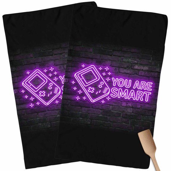 Kitchen Towels Set of 2 Video Game Dish Towels and Dishcloths Sets Tea Towel Purple Shiny Gaming Playing Gamer Absorbent Hand Towels for Kitchen Bathroom Drying Cleaning Baking Home Decor