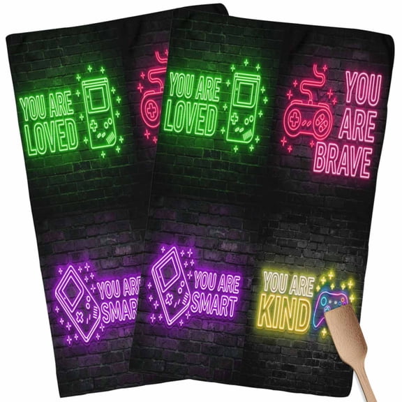 Kitchen Towels Set of 2 Video Game Dish Towels and Dishcloths Sets Tea Towel Shiny Gaming Icons Playing Gamer Absorbent Hand Towels for Kitchen Bathroom Drying Cleaning Baking Home Decor