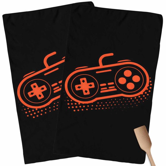 Kitchen Towels Set of 2 Video Games Controller Dish Towels and Dishcloths Sets Tea Towel Black Orange Gaming Console Absorbent Hand Towels for Kitchen Bathroom Drying Cleaning Baking Home Decor