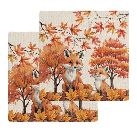Kitchen Towels Set of 2 Vintage Autumn Fox Dish Towel,12x12in Microfiber Absorbent Hand Towels Fall Maple Leaves on Linen Waffle Weave Quick Drying Tea Towel Cleaning Cloths