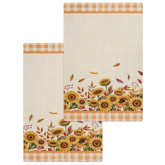 Kitchen Towels Set of 2 Vintage Fall Sunflowers on Linen Dish Towel,15.7x23.6in Microfiber Absorbent Hand Towels Orange White Plaid Waffle Weave Quick Drying Tea Towel Cleaning Cloths