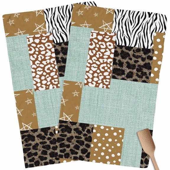 Kitchen Towels Set of 2 Vintage Patchwork Collage Dish Towels and Dishcloths Sets Tea Towel Linen Zebra Leopard Print Absorbent Hand Towels for Kitchen Bathroom Drying Cleaning Baking Home Decor