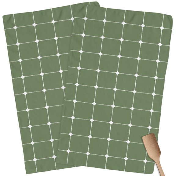 Kitchen Towels Set of 2 White Dots Grid Lines Dish Towels and Dishcloths Sets Tea Towel Intersect Points Green Plaid Absorbent Hand Towels for Kitchen Bathroom Drying Cleaning Baking Home Decor