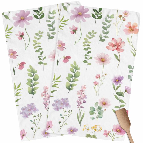 Kitchen Towels Set of 2 Wildflowers Eucalyptus Leaves Dish Towels and Dishcloths Sets Tea Towel Spring Summer Flowers Absorbent Hand Towels for Kitchen Bathroom Drying Cleaning Baking Home Decor