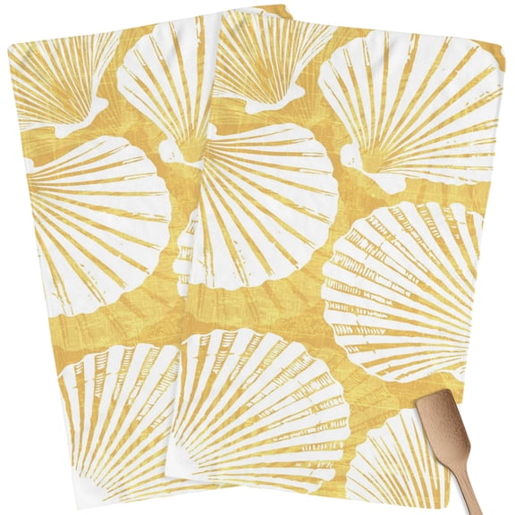 Kitchen Towels Set of 2 Yellow Sea Shell Dish Towels and Dishcloths Sets Tea Towel Coastal Ocean Scallop Absorbent Hand Towels for Kitchen Bathroom Drying Cleaning Baking Home Decor
