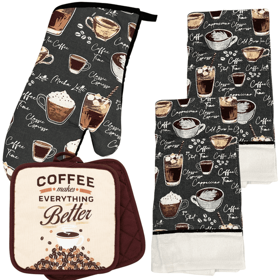 Kitchen Towels Set, 5 Piece Kitchen Set: 1 Oven Mitt, 2 Kitchen Towels & 2 Pot Holders by Osnell USA