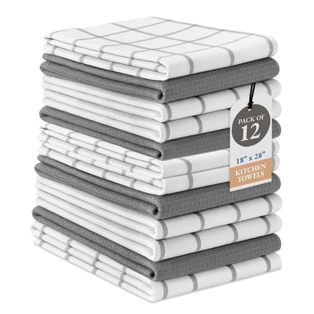 Kitchen Towels Set - Pack of 12 Cotton Dish Towels for Drying Dishes, 18”x 28”, Kitchen Hand Towels, Quick Drying Kitchen Towel Set - Grey