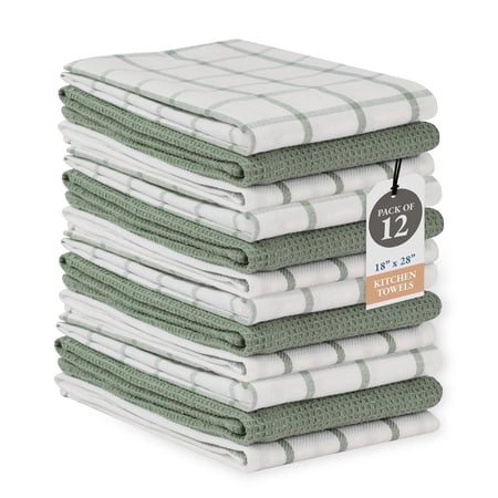 Casa Platino Large Tea Kitchen Towels Set - Pack of 12 Cotton Dish Rags, Quick Drying, Absorbent - Olive