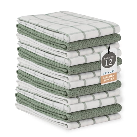 Kitchen Towels Set - Pack of 12 Cotton Dish Towels for Drying Dishes, 18”x 28”, Kitchen Hand Towels, Quick Drying Kitchen Towel Set - Olive