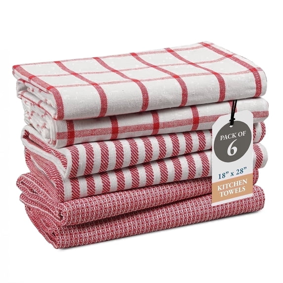 Kitchen Towels Set - Pack of 6 Cotton Dish Towels for Drying Dishes, 18”x 28”, Kitchen Hand Towels, Quick Drying Kitchen Towel Set - Christmas Red