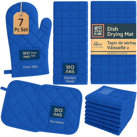 Kitchen Towels Set with 2 Blue Pot Holders, Oven Mitt, Dish Drying Mat, 2 Microfiber Dish cloths, Blue Kitchen Linen Set