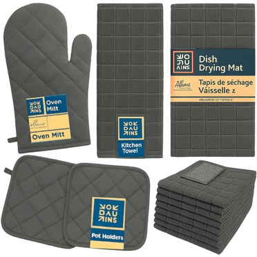 Kitchen Towels Set with 2 Quilted Pot Holders, Oven Mitt, Dish Towel, Dish Drying Mat, 2 Microfiber Scrubbing Dishcloths (Gray)