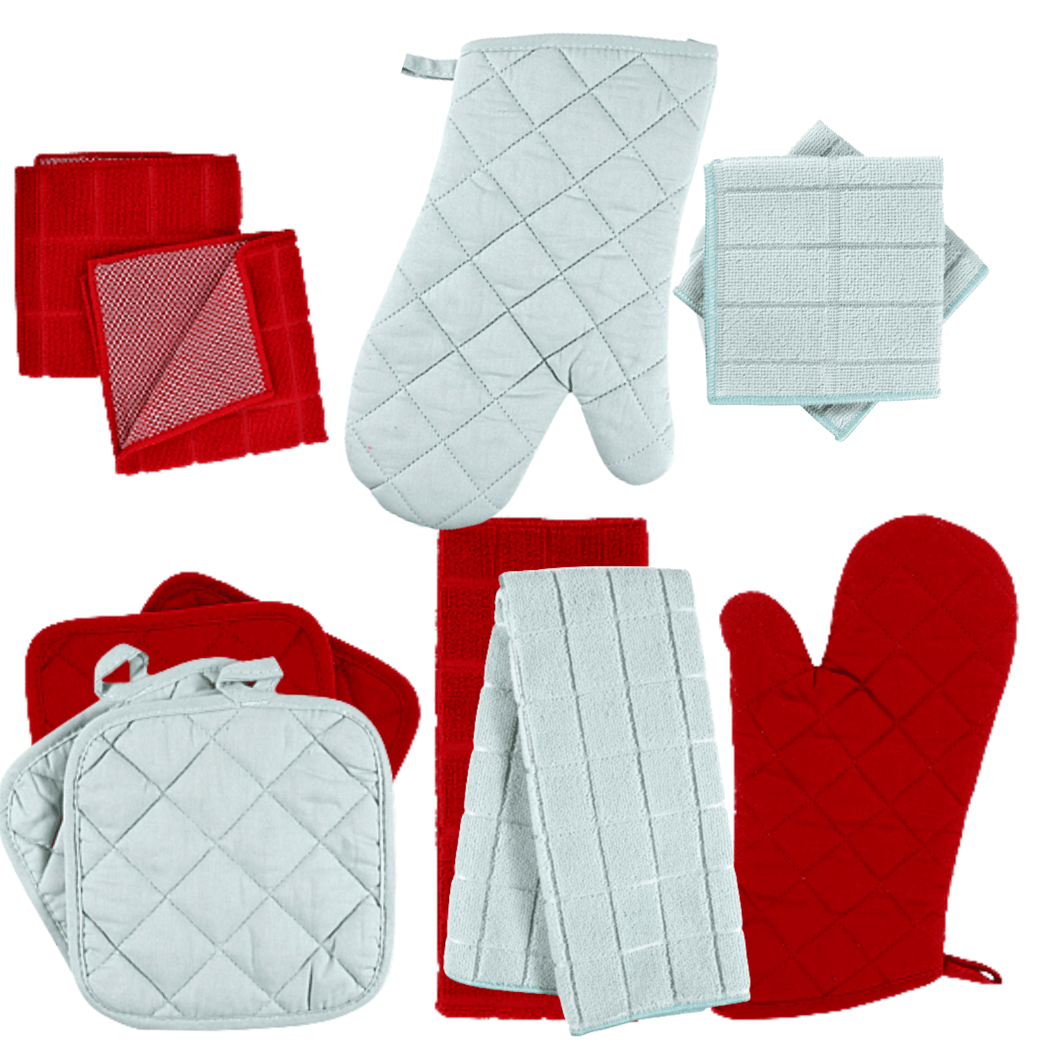 Kitchen Towels - Soft Teal & Red - Kitchen Towel Set - 2 Kitchen Towels, 4 Pot holders, 4 Scrubber Dishcloth 2 Oven Mitt - Set of 12