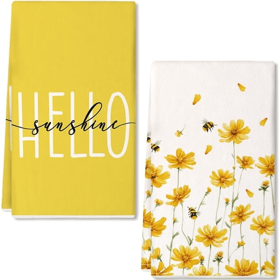 Kitchen Towels for Spring Summer Decor Yellow Daisy Dish Towels 18 x 26 Inch Ultra Absorbent Bar Drying Cloth Hello Sunshine Hand Towel for Kitchen Bathroom Party Home Decorations Set of 2