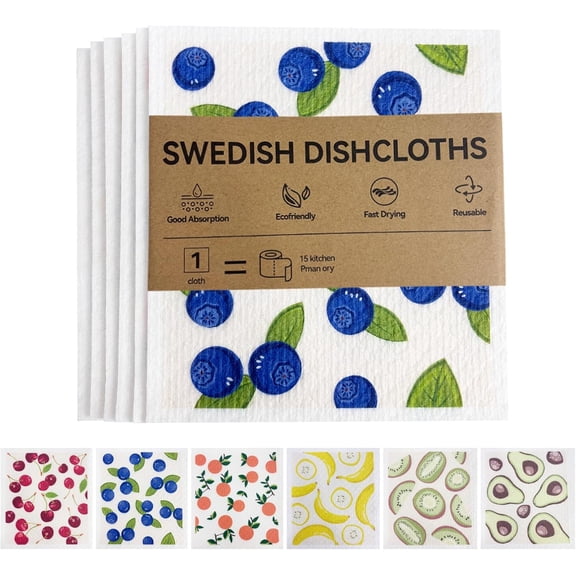 Kitchen Towels Swedish Dishcloths - 6 Count Reusable Paper Towels Washable, Cellulose Sponge Dish Towels for Kitchen Cleaning, Ultra Absorbent Odor Free Eco Friendly Biodegradable Cleaning Rags