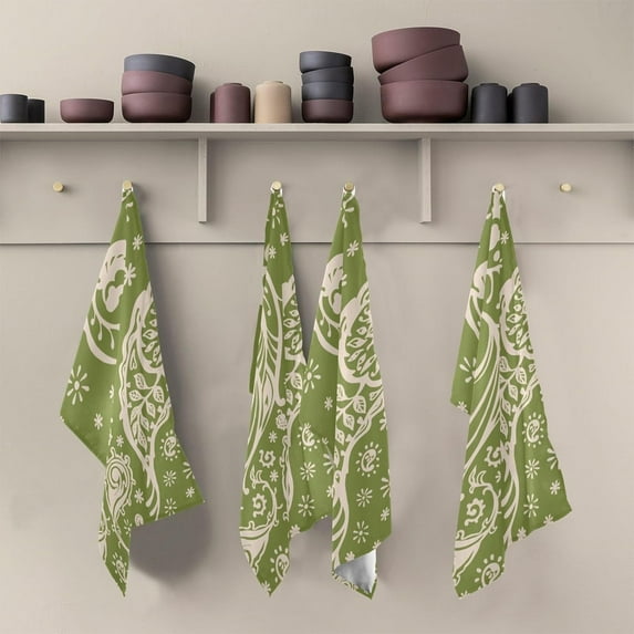 Kitchen Towels Vintage Paisley Green Pattern Cleaning Towel Absorbent Hand Towels Tea Towels for Home Restaurant Dish Clean 28" x 18", 4PCS