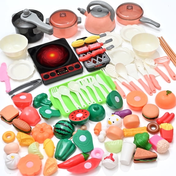 Kitchen Toy- 82PCS Pretend Play Cooking Toys Set with Food Toys, Light/Sound Cooking Set for 3-8 Boys Girls