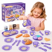 Rirool 33-Piece Purple Dessert Pretend Play Tea Set, Kids Kitchen Toy with Cakes, Cups, Plates, Utensils, Play Food Accessories for Girls Boys Ages 3+, Birthday