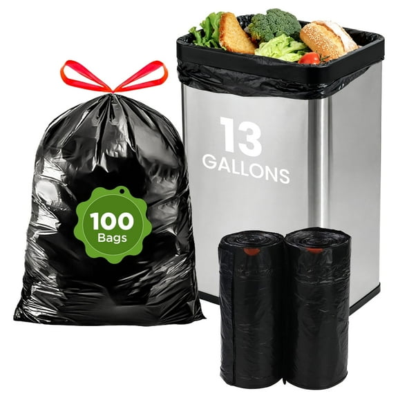 13 Gallon Trash Bags, 100 Count Tall Kitchen Drawstring Garbage Bags, Leakproof Unscented Can Liner for Home & Office, Black