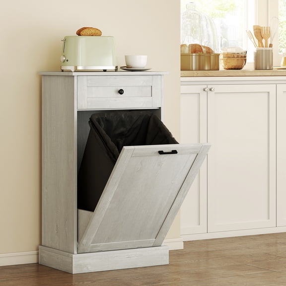 Kitchen Trash Bin Cabinet, Particle Board Tilt Out Garbage Can Storage with Drawer and Oak Grain Top, 20"W x 13.25"D x 35.5"H, Light Gray Free Standing Utility Island for Kitchen Area