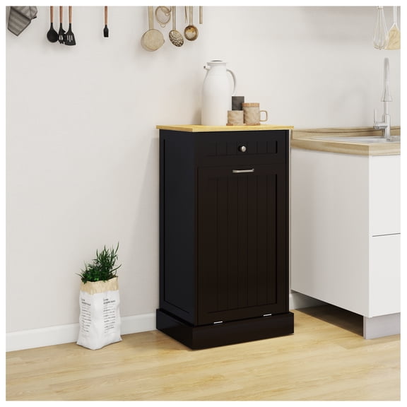 Kitchen Trash Cabinet with Drawer - Black MDF Tilt-Out Trash Can Storage