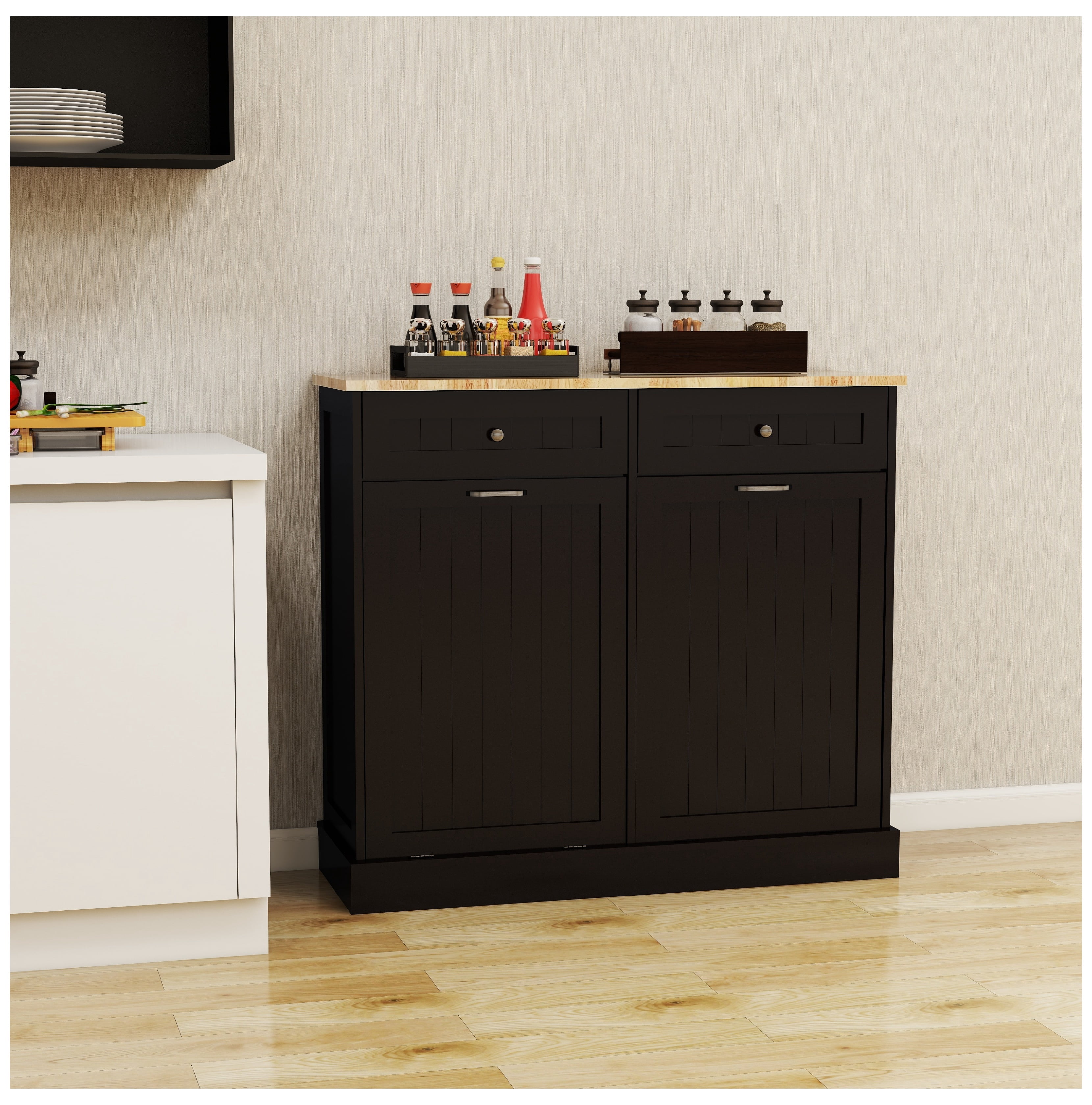 Kitchen Trash Cabinet with Drawers - Black - 2 Drawer, 2 Compartment ...