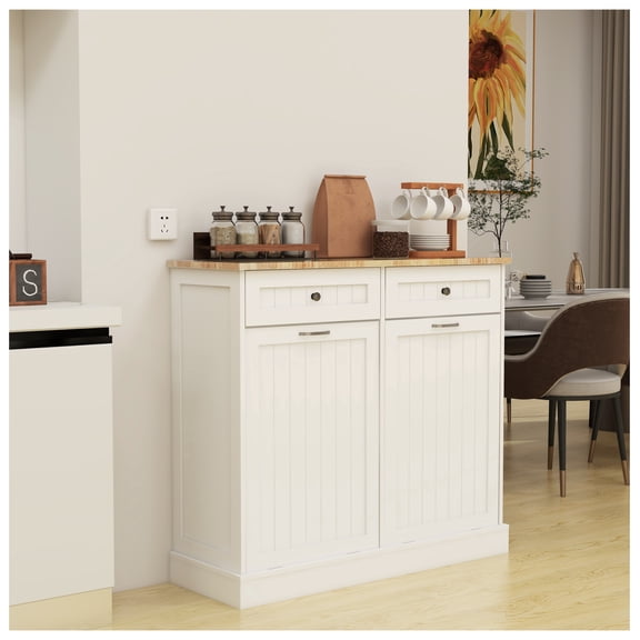 Kitchen Trash Cabinet with Drawers, White - 2 Drawer Trash Storage, Tilt-Out Waste Bin for Kitchen, Laundry, Recycling