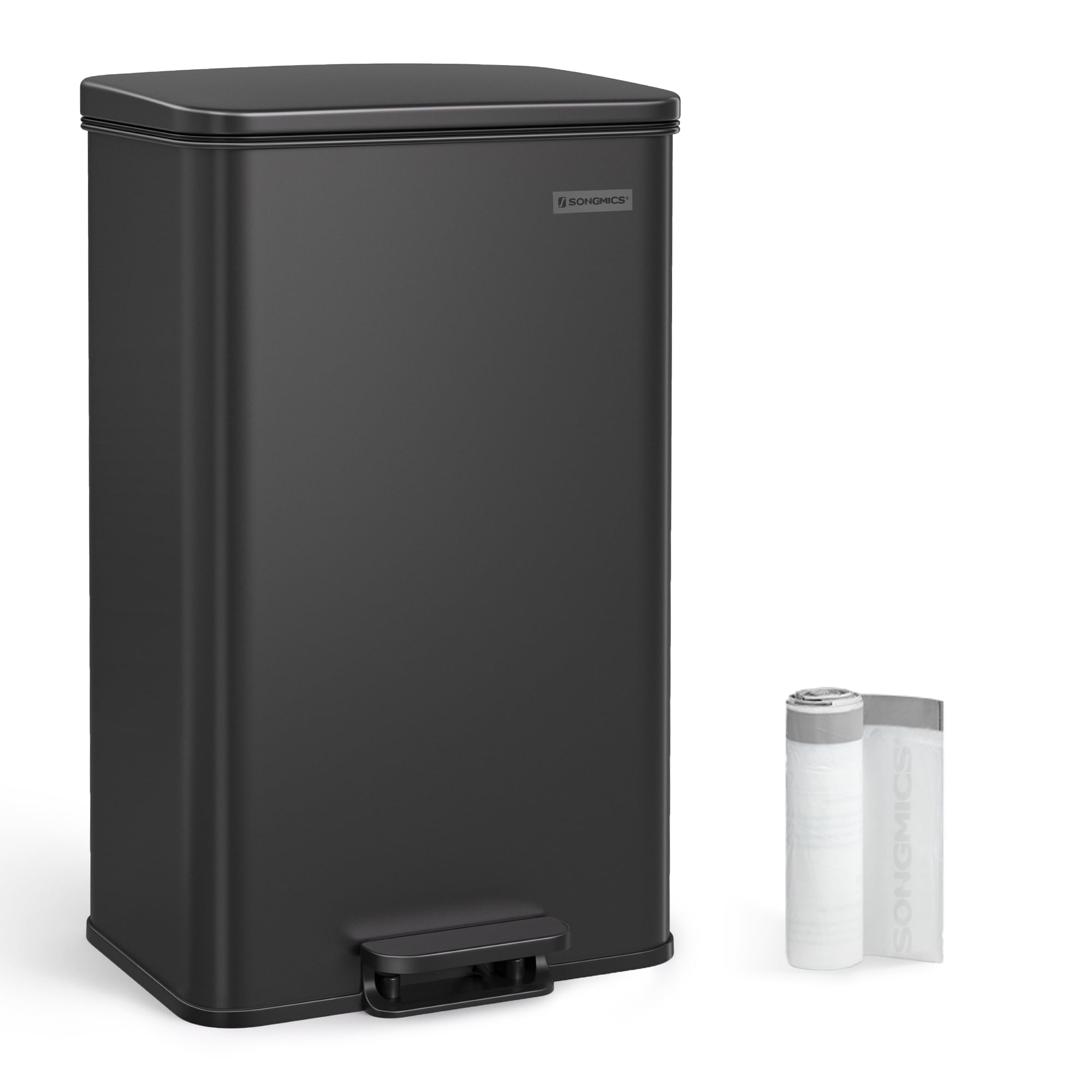 Kitchen Trash Can, 10.5 Gallon (40 L) Garbage Can, Large Step Trash Bin with Lid, Stainless Steel, Soft Close, 15 Trash Bags Included, Black
