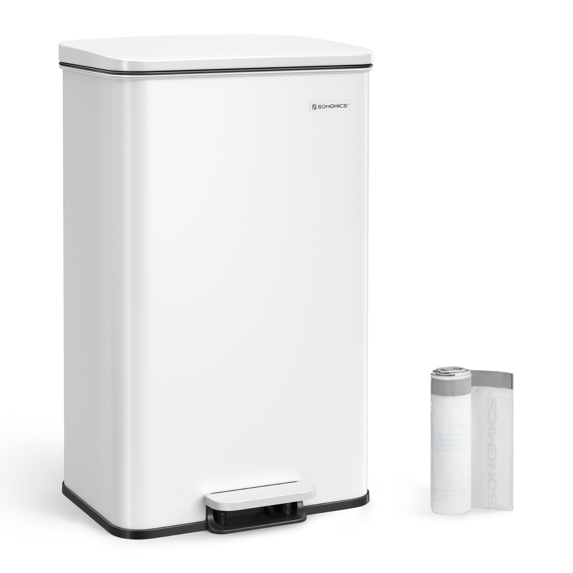 Kitchen Trash Can, 10.5 Gallon (40 L) Garbage Can, Large Step Trash Bin with Lid, Stainless Steel, Soft Close, 15 Trash Bags Included, White