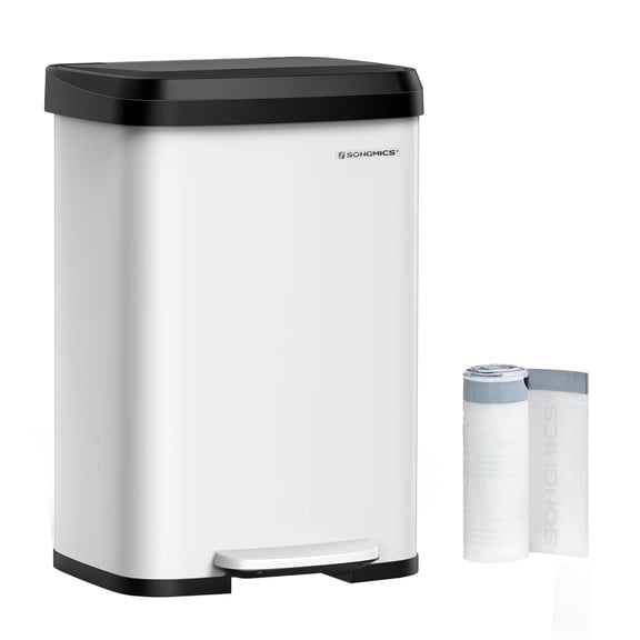SONGMICS Kitchen Trash Can, 13-Gallon Stainless Steel Garbage Can, Soft Closure, White
