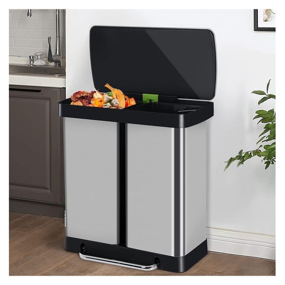 Kitchen Trash Can 16 Gallon/ 60L Stainless Steel Dual Trash Can with Lid & Double , High-Capacity Step Garbage Can Classified Recycle Rubbish Bin Combo for Bathroom Bedroom Home Office