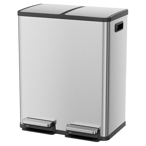 Kitchen Trash Can, 16 Gallon Garbage Can with Dual Inner Bins, Large Capacity 60 Liter Trash Can with Soft-Close Foot Pedal, Wide Stainless Steel Shape