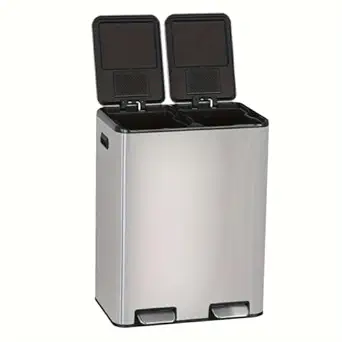 Kitchen Trash Can, 16 Gallon Garbage Can with Dual Inner Bins, Large Capacity 60 Liter Trash Can with Soft-Close Foot Pedal, Wide Stainless Steel Trash Bin, Rectangular Recycling Bin, Sliver