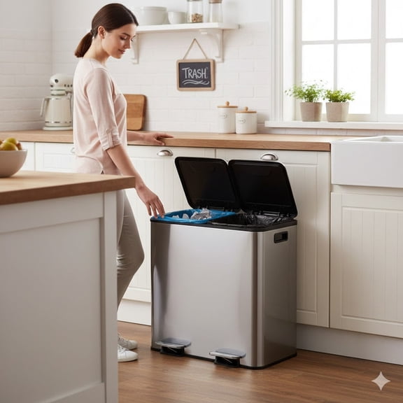 Kitchen Trash Can, 16 Gallon Garbage Can with Dual Inner Bins, 60 Liter Large Capacity Trash Can with Soft-Close Foot Pedal, Stainless Steel