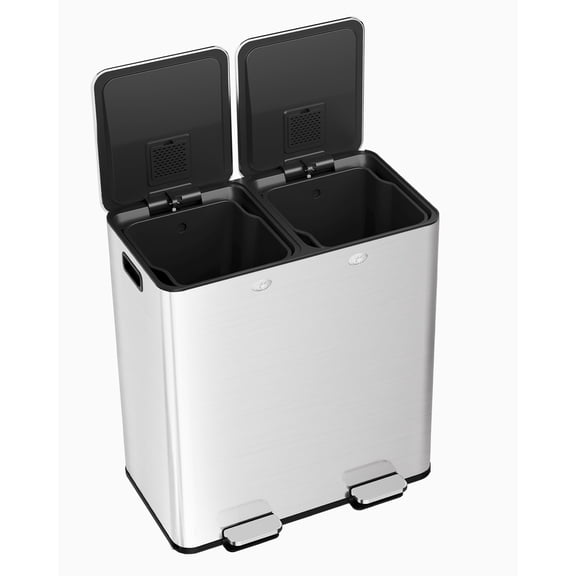 Kitchen Trash Can, 16Gal Garbage Can for Kitchen, 2 Compartments Trash and Recycle Bin Combo, Dual Trash Can with Plastic Inner Buckets and Hinged Lids, Airtight