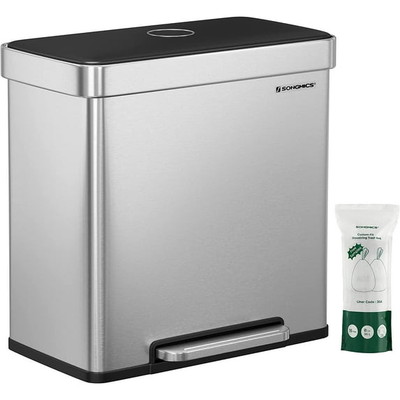 Kitchen Trash Can 60L Dual Compartment Stainless Steel Garbage Can with 15 Trash Bags Silver Count