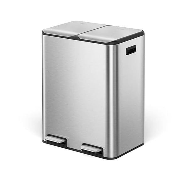 Kitchen Trash Can, 8 + 8 Gallon Dual Trash and Recycle Bin Combo, 2 Compartment Stainless Steel Kitchen Garbage Can with Lid, Removable Inner Buckets, Soft Close, Odor Filter, 30L+30L