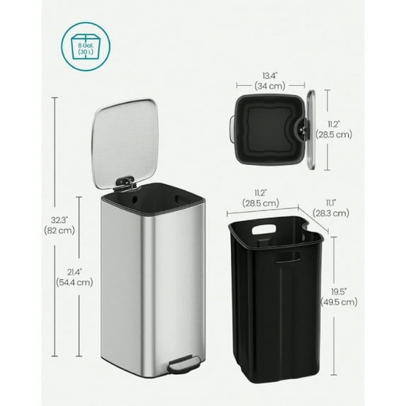 Kitchen Trash Can, 8-Gallon (30 L) Trash Bin, Stainless Steel Garbage Can, With Inner Bucket, Soft Close And Stays Ope