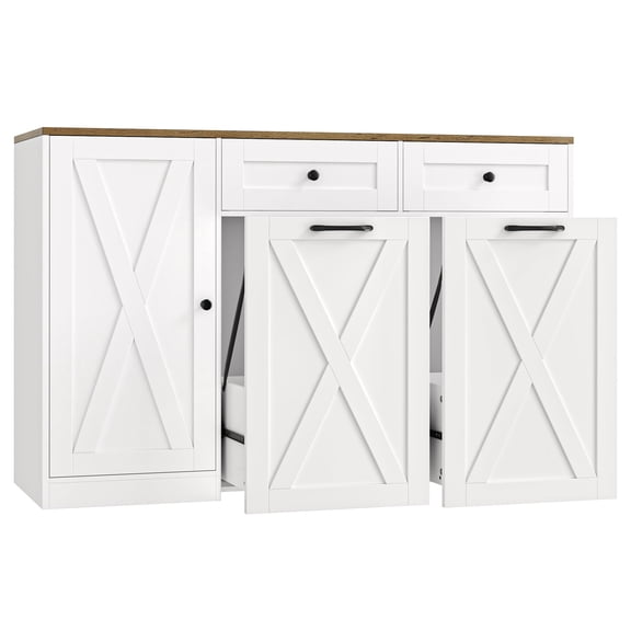 Kitchen Trash Can Cabinet, Double Hidden Pull Out Trash Storage Organizer, Large Buffet Sideboard Coffee Bar Hutch, Modern Farmhouse Barn Door Cabinet For Dining Room Kitchen, White