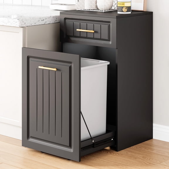 Kitchen Trash Can Cabinet, Single Hidden Pull Out Trash Storage Organizer, Large Sideboard Coffee Bar Cabinet, Modern Farmhouse Wooden Storage Furniture For Dining Room Kitchen, Black