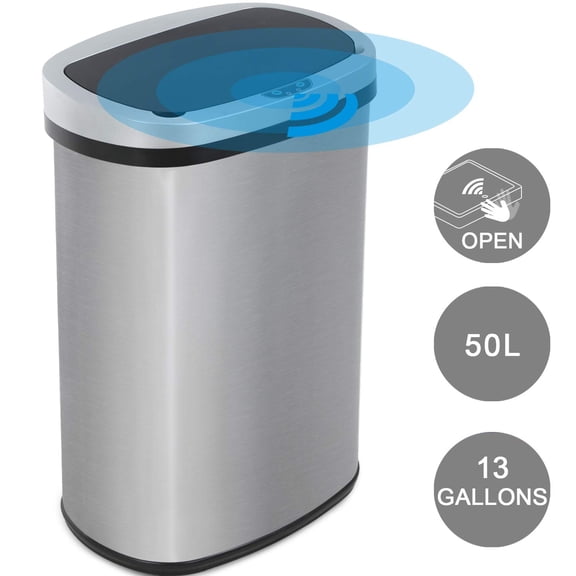 Kitchen Trash Can Garbage 13 Gallon Waste Bin for Home Office Bedroom Stainless Steel Automatic Touch Free High-Capacity, 50 Liter (Stainless Steel)
