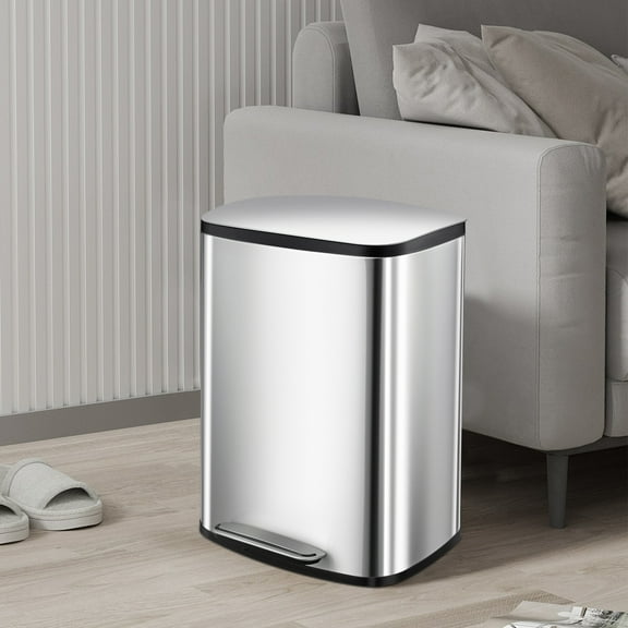 Kitchen Trash Can, Step Wastebaskets with Inner Liner & Soft-Close Lid, Brushed Stainless Steel Garbage Can, Bathroom Space-Saving Trash Bin for Bedroom Home Office