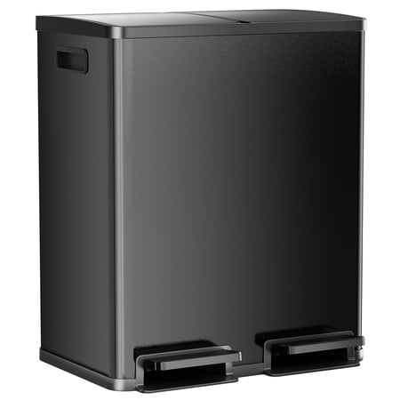 Kitchen Trash Can, TINKLE WELL 16 Gallon Dual Compartment Stainless Steel Trash Can with Lid and 2 Removable Inner Buckets, Home, Office, Glossy Black