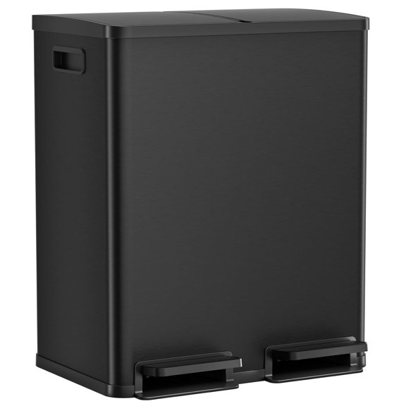 Kitchen Trash Can, TINKLE WELL 16 Gallon Dual Compartment Stainless Steel Trash Can with Lid and 2 Removable Inner Buckets, Home, Office, Matte Black