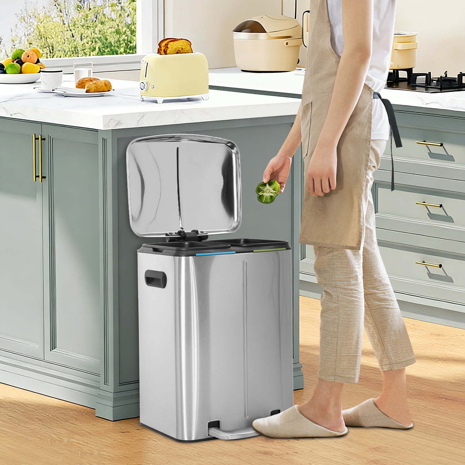 Kitchen Trash Can With Lid For Office Bedroom Bathroom Step Trash Bin Fingerprint-Proof Brushed Stainless Steel Garbage Can 10 Gallon/ 40L