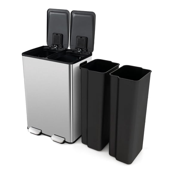 Kitchen Trash Cans Dual Compartment, 2 x 8 Gal Garbage Can W/2 Deodorizer Compartments, Soft Close Lids & Removable Buckets, Brushed Stainless Steel Step Trash Bin for Kitchen Bathroom