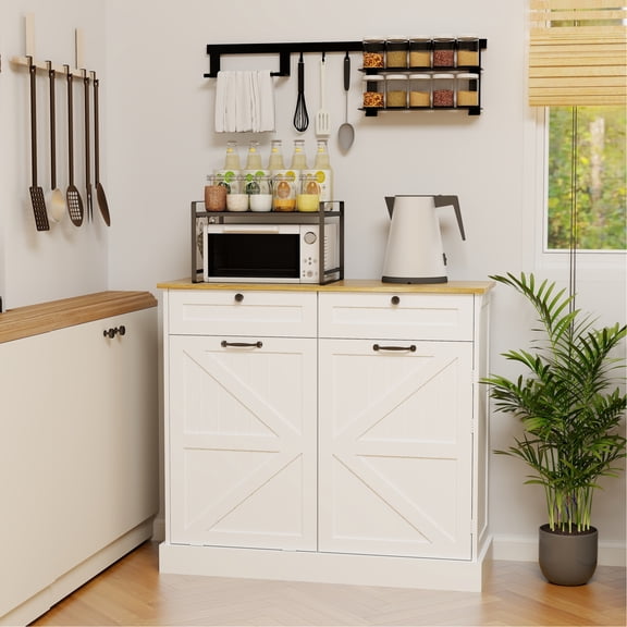 Kitchen Trash Storage In White With 2 Drawers, 1 Tilt Out Bin & Shelves Cabinet Rack - 120 Lbs